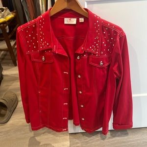 Red Denim studded jacket. Size Large. Price 50.00